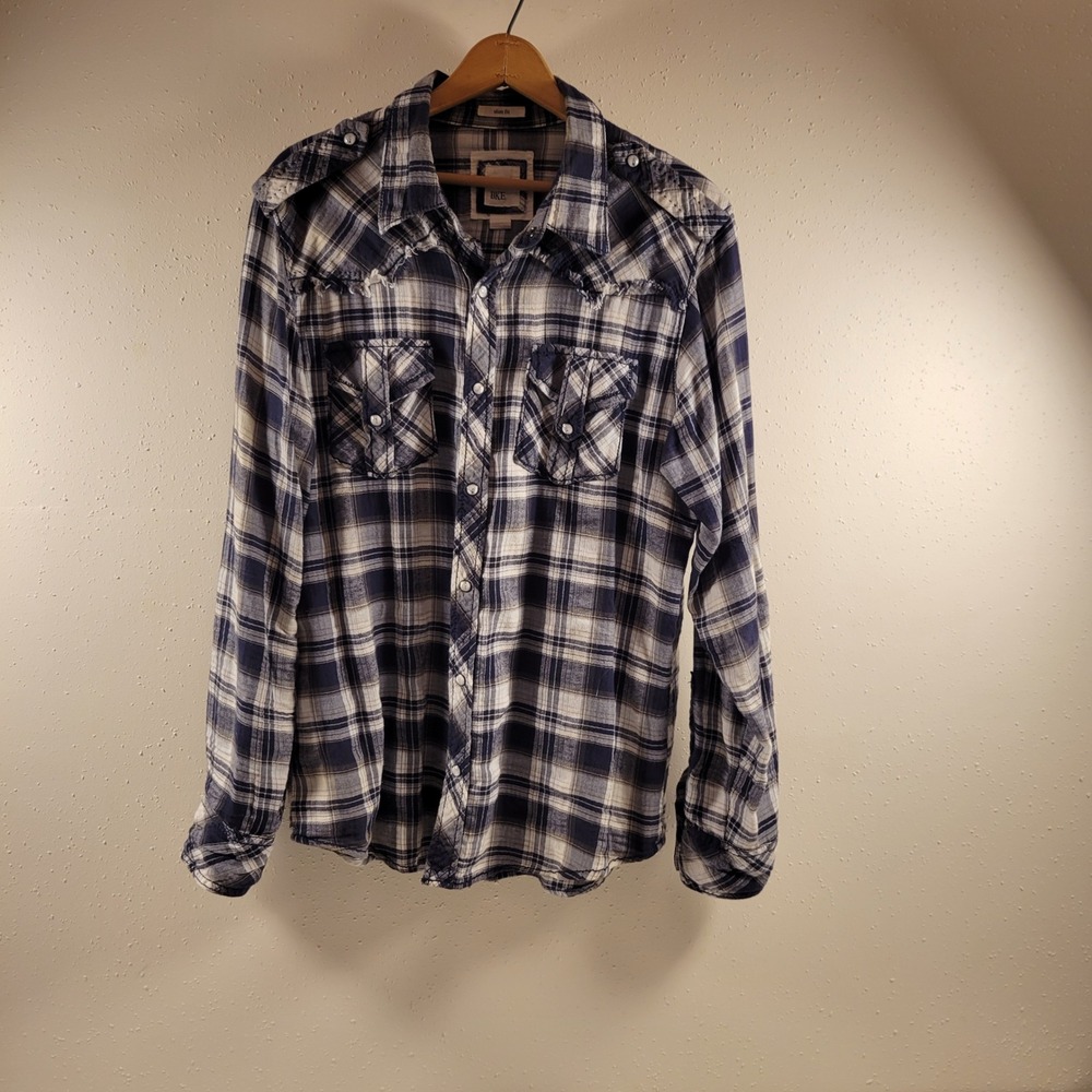 BKE Flannel Shirt Mens Medium Black Plaid Excellent Slim Fit Pearl Snap Western